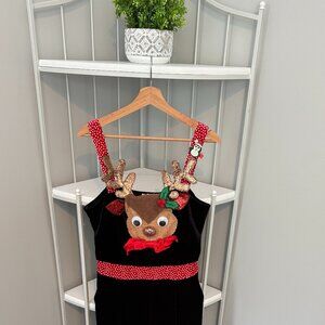 Women's Black Christmas Reindeer Velour Overalls